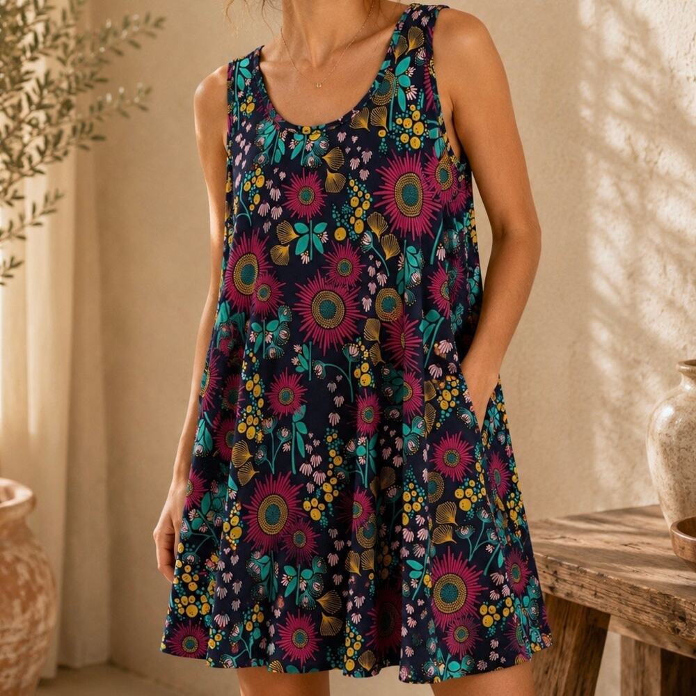 MATA TRADERS | Navy Floral Sleeveless Organic Cotton Swing Dress | Small